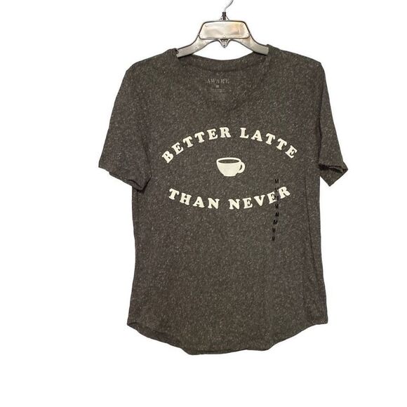 New Awake T-Shirt Gray and White Size Medium Better Latte Than Never Print, V-Ne - Picture 1 of 8
